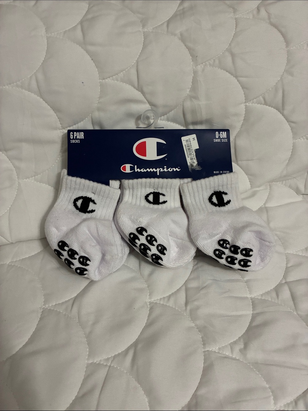 Champion White Baby Athletic Socks with Black Logo and Grips - 3 Pack